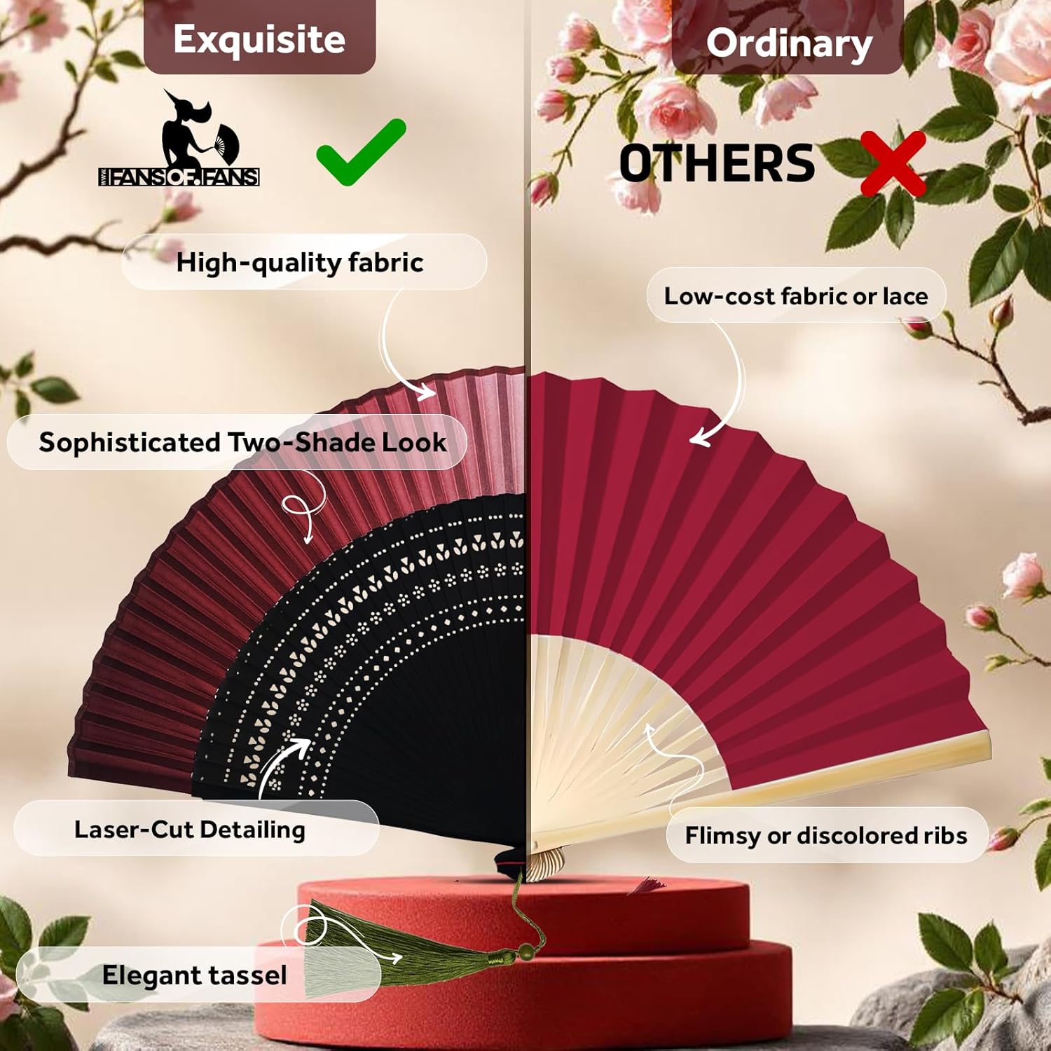 FANSOF.FANS Premium Silk Fabric Border Handheld Folding Fan with Grade A Bamboo Ribs for Women Girls Event Birthday Wedding Favour with Tassel (Maroon)