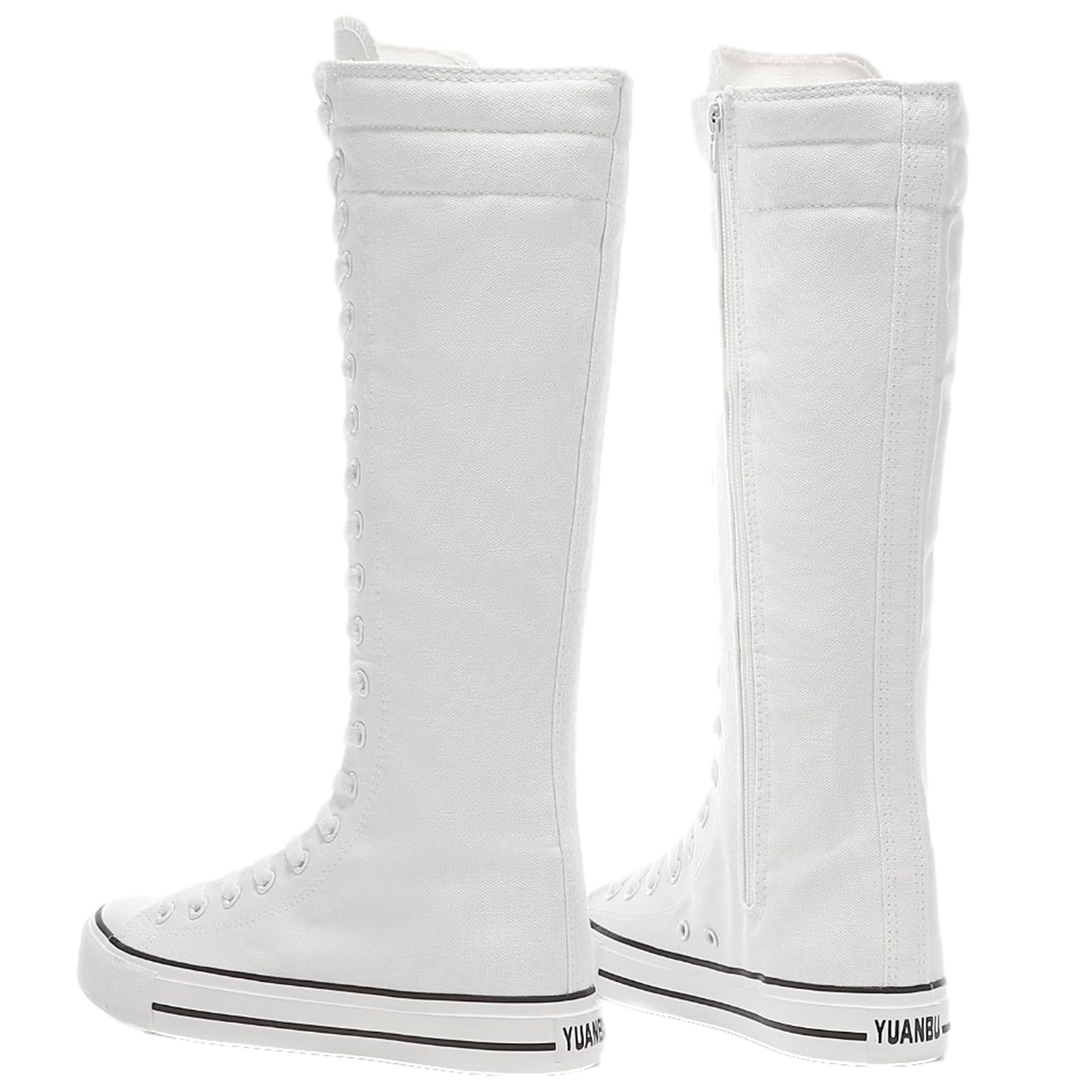 ANUFER Fille Femmes Genou Haut Bottes en Toile Lacets Zip Plat Chaussures de Sport