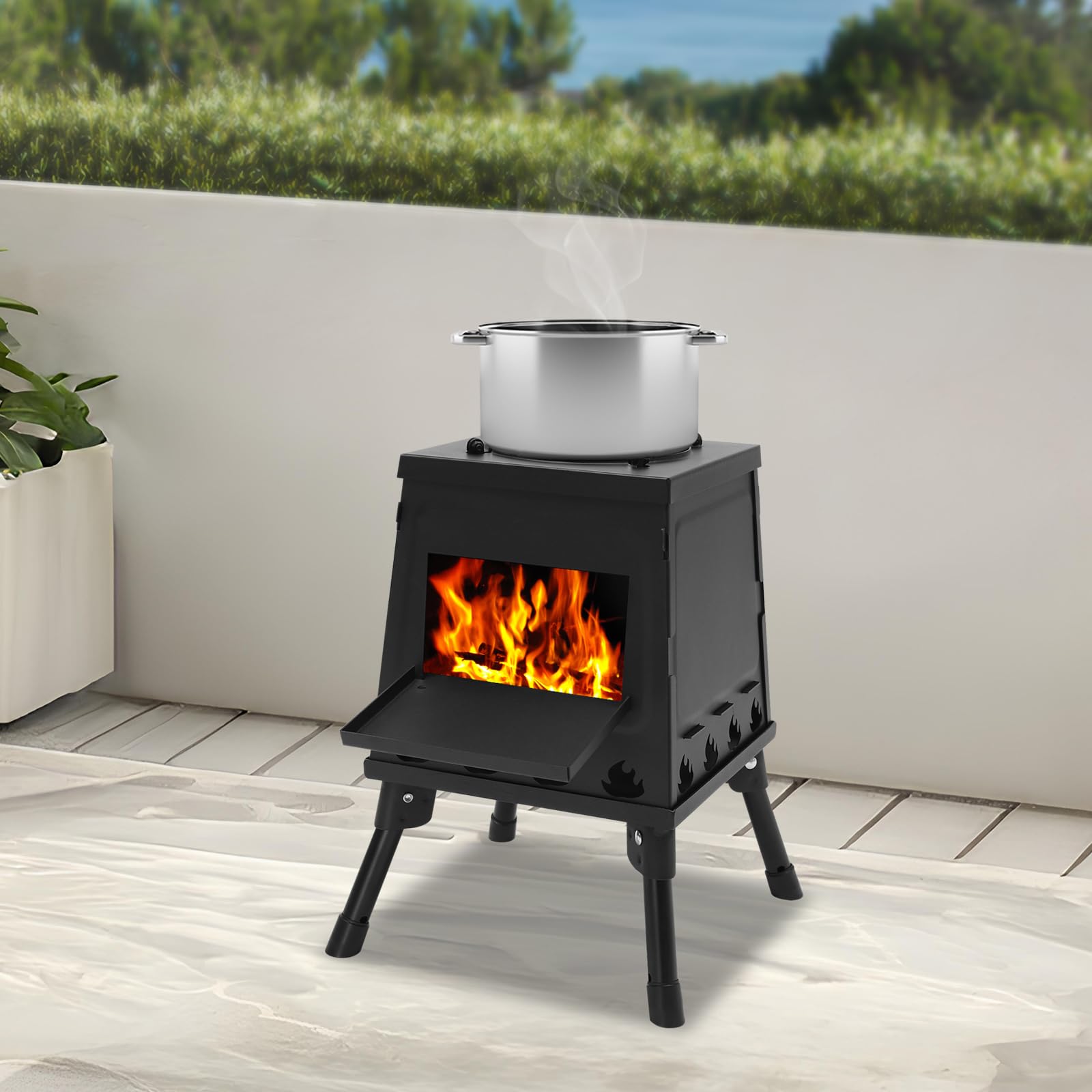 Terrassenfeuer,Gartenofen,Tragbarer Holzofen mit 16 Entlüftungen,Zeltofen für Camping, Outdoor Kochen, Zeltheizung (Schwarz)