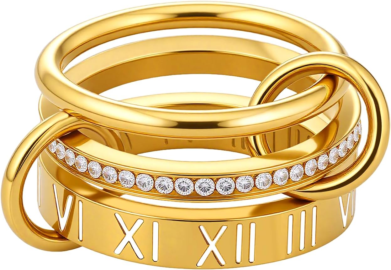 JINHUI 18k Gold Plated Rings Interlocked Stackable Rings for Women,Non Tarnish Statement Ring Set With Dainty Cubic Zirconia Stainless Steel Multi Ring Stack Charms Ring Fashion Jewelry for Women (Roman, Gold, 8)