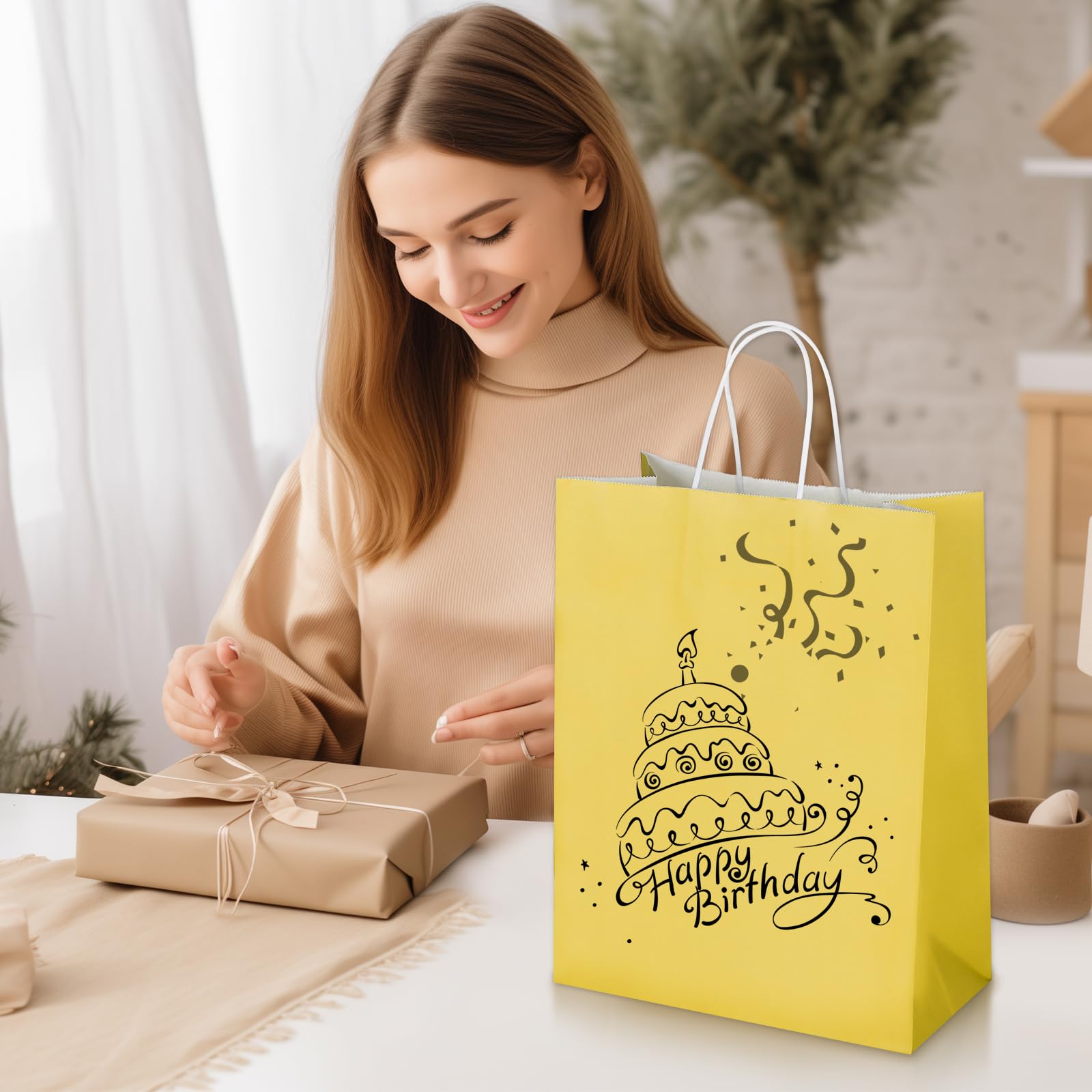Oikss 50 Pack 10x5x13 Yellow Kraft Paper Bags with Handles Bulk for Birthday Party Favors Grocery Retail Shopping Business Goody Recycled Craft Gift Bags (Large Size, 50 Count)