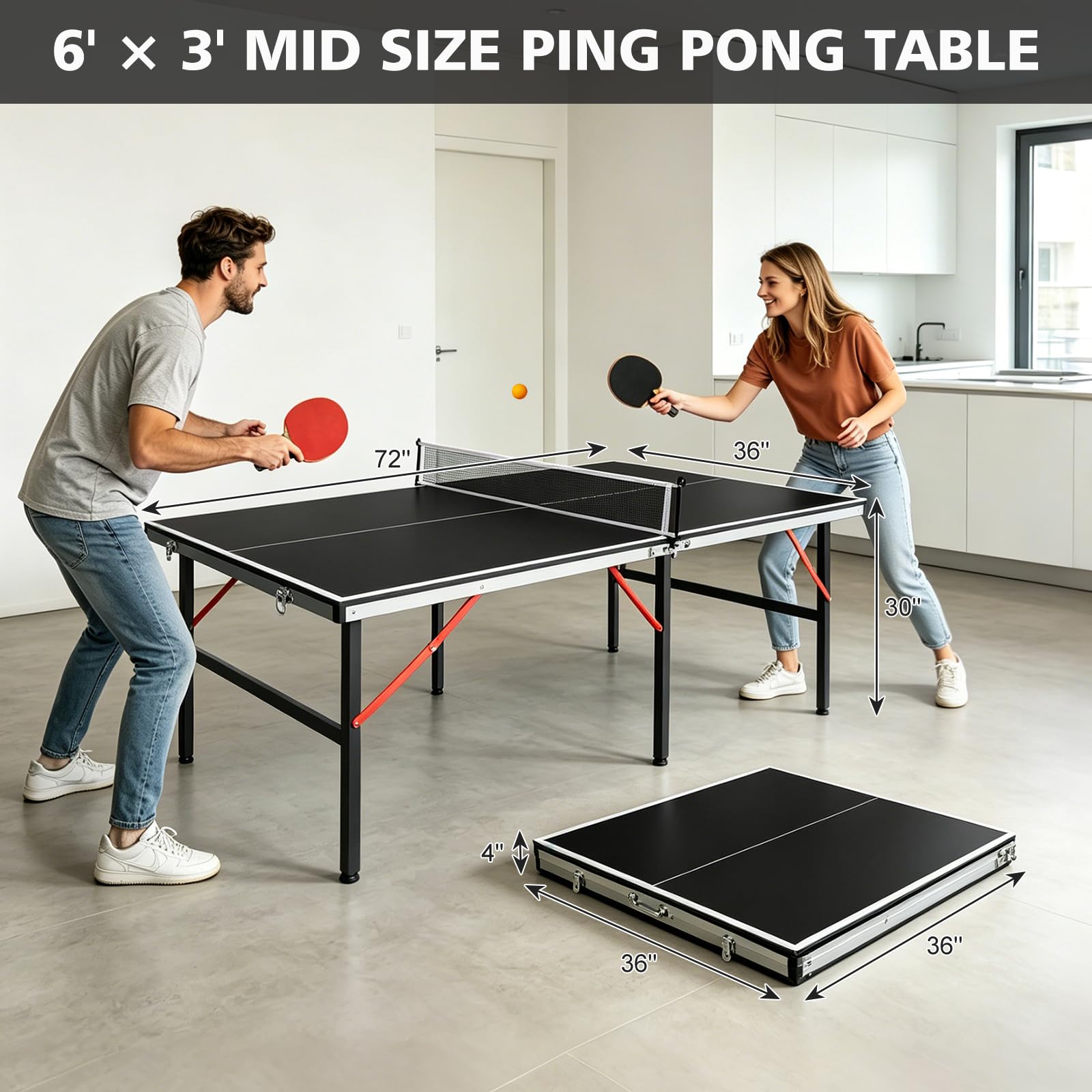 Tischtennisplatte mit Netz, Paddeln und Bällen, MDF, vielseitig einsetzbar, 183 x 91 cm, 183 x 91 cm, kompakt und tragbar