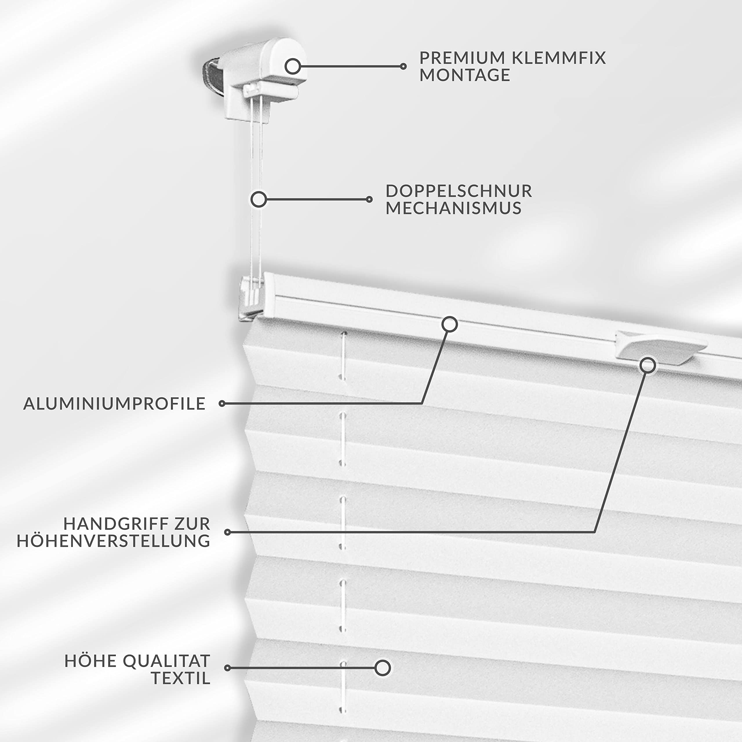 Estika Plissee ohne Bohren, Premium Klemmfix - 105cm Breite x 120cm Höhe - Weiß - Metal Plisseehalter ohne Bohren, Modern Sichtschutz für Fenster, Jalousien Fenster für innen