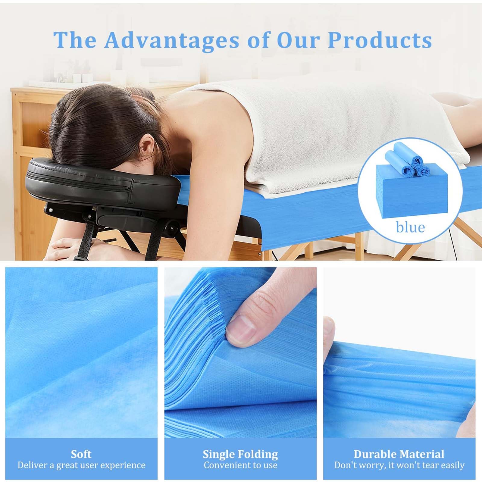 Lot de 50 draps de lit jetables en tissu doux non tissé pour table de massage, spa, massage, hôtels, esthéticienne, 180 x 80 cm (bleu)