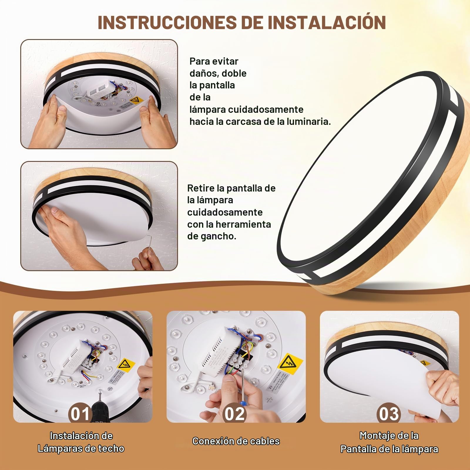 Lampara Techo, Plafon LED Techo Negra,30cm Plafón LED Techo Madera para Dormitorio,Sala de estar,Comedor,Cocina,Pasillo 4000K 24W