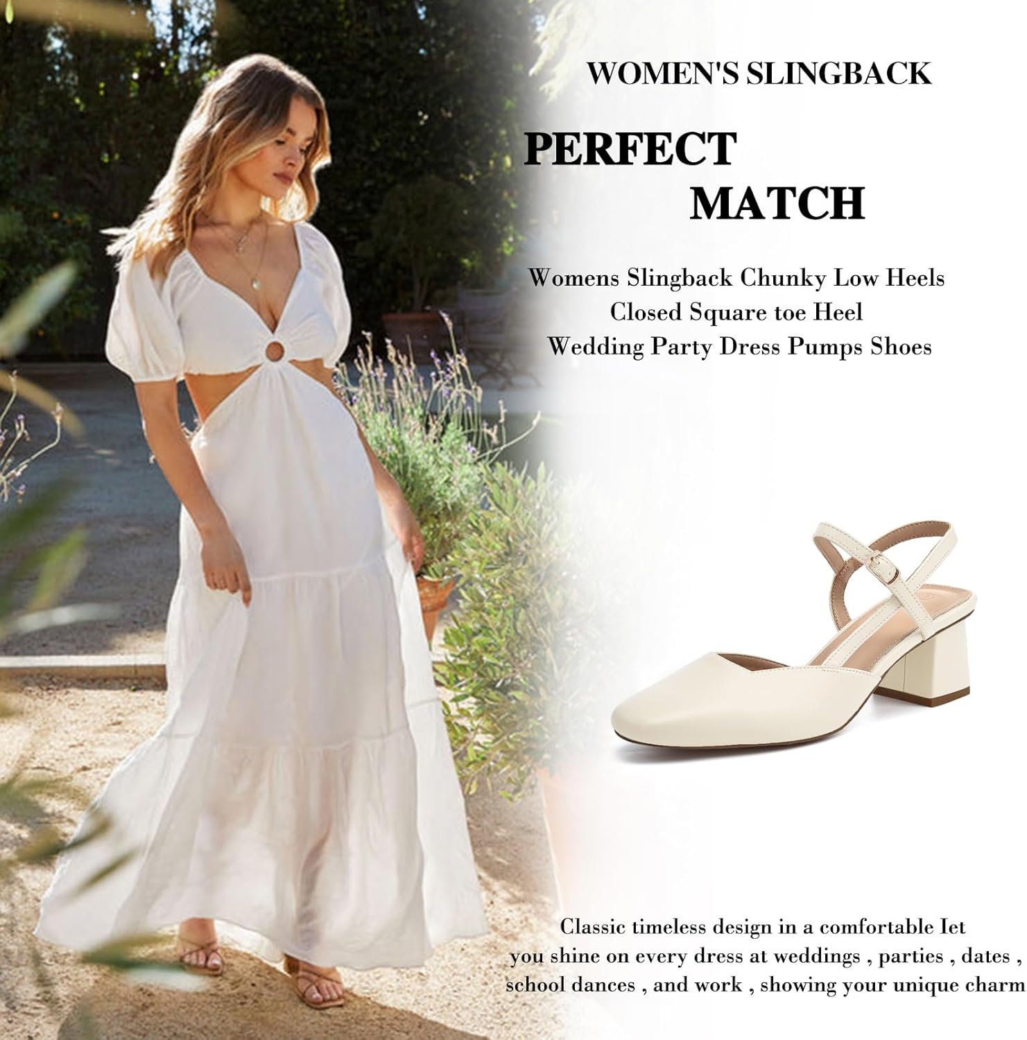 Rilista Women's Slingback Chunky Low Heels Closed Square Toe Heel Wedding Party Dress Pumps Shoes Beige - Image 6