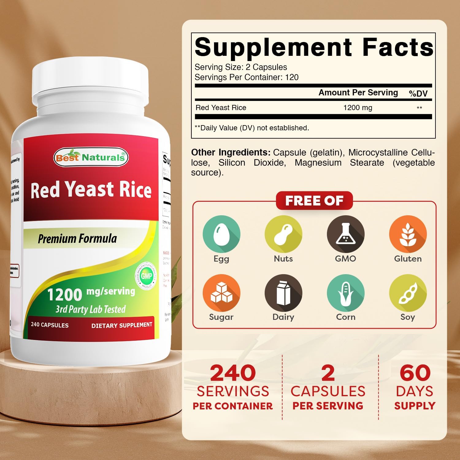 Best Naturals Red Yeast Rice 1200mg Per Serving 240 Capsules - Premium Formula - 3rd Party Lab Tested - Image 2
