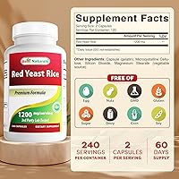 Vista 2 de Best Naturals Arroz de levadura roja, 1200 mg por porción, 240 cápsulas, fórmula premium, probado en laboratorio de terceros
