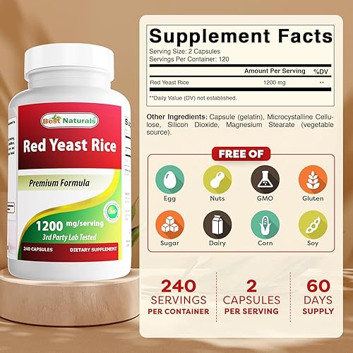Miniatura 2 de Best Naturals Arroz de levadura roja, 1200 mg por porción, 240 cápsulas, fórmula premium, probado en laboratorio de terceros