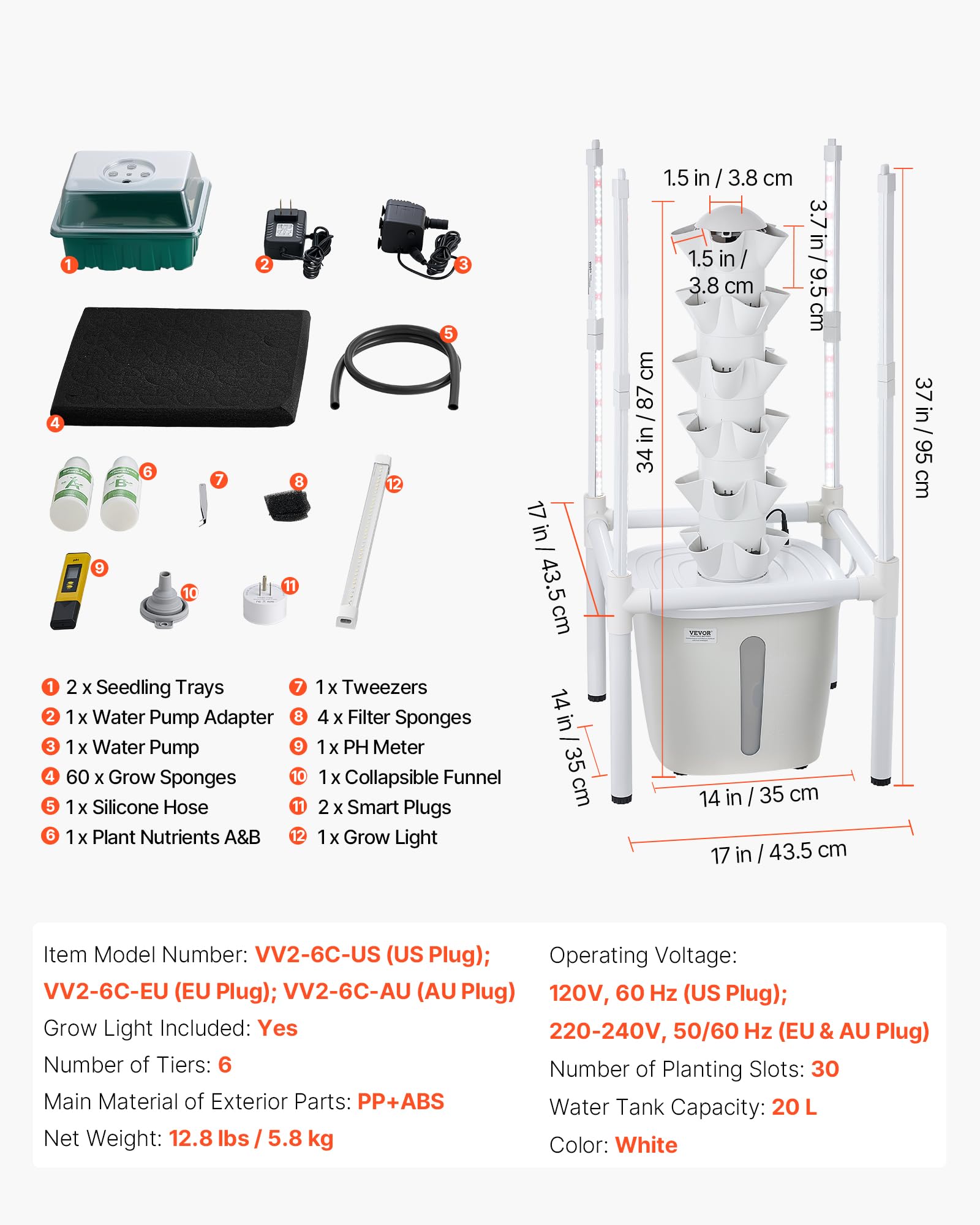 VEVOR Torre Idroponica 6 Ripiani, Sistema di Coltivazione per Piante Erbe Aromatiche Frutta Verdure Lampada LED per Coltivazione Crescita Controllo App, Torre Idroponica Serbatoio 20 Litri