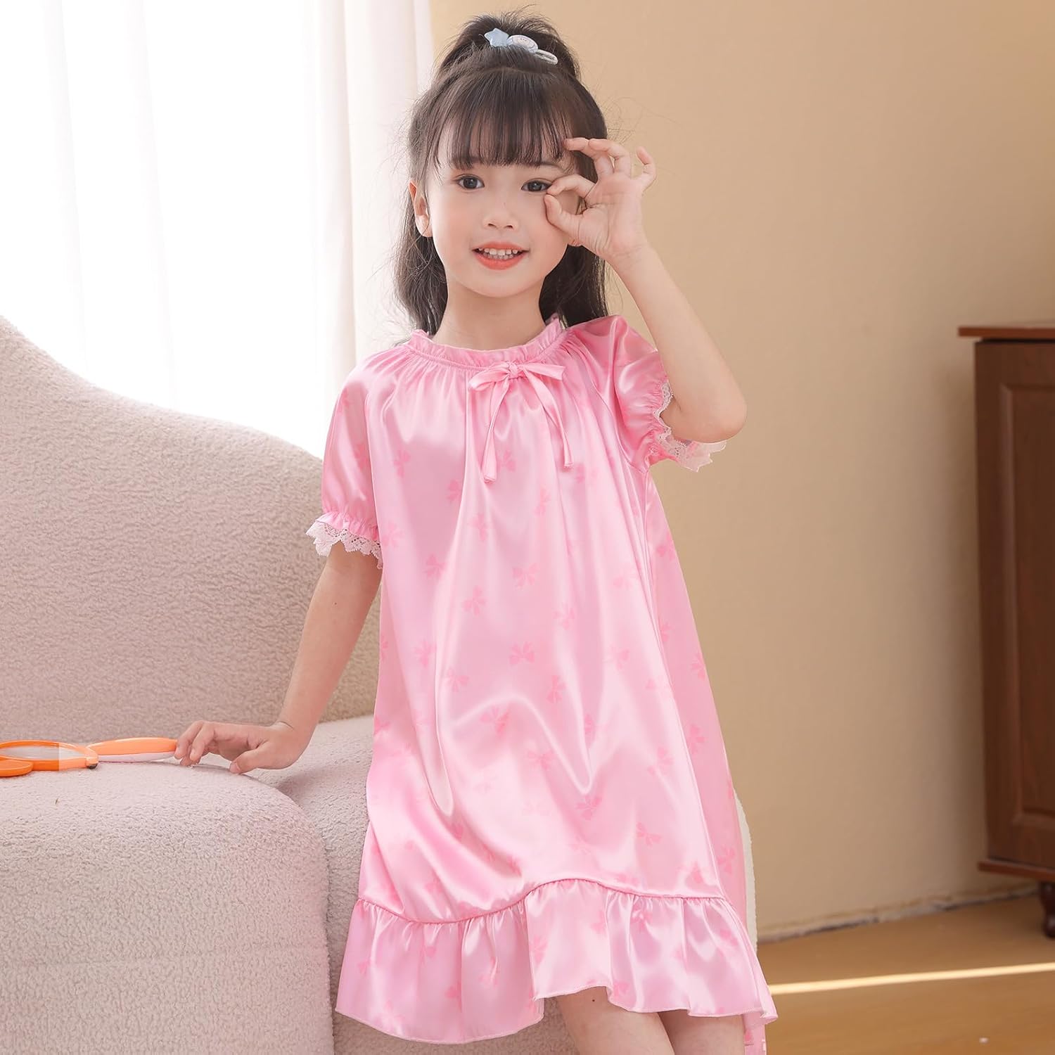 Beinou Toddler Girls Nightgowns Satin Princess Nightgown Lace Short Sleeve Night Gowns Sleepwear for Kids Girl