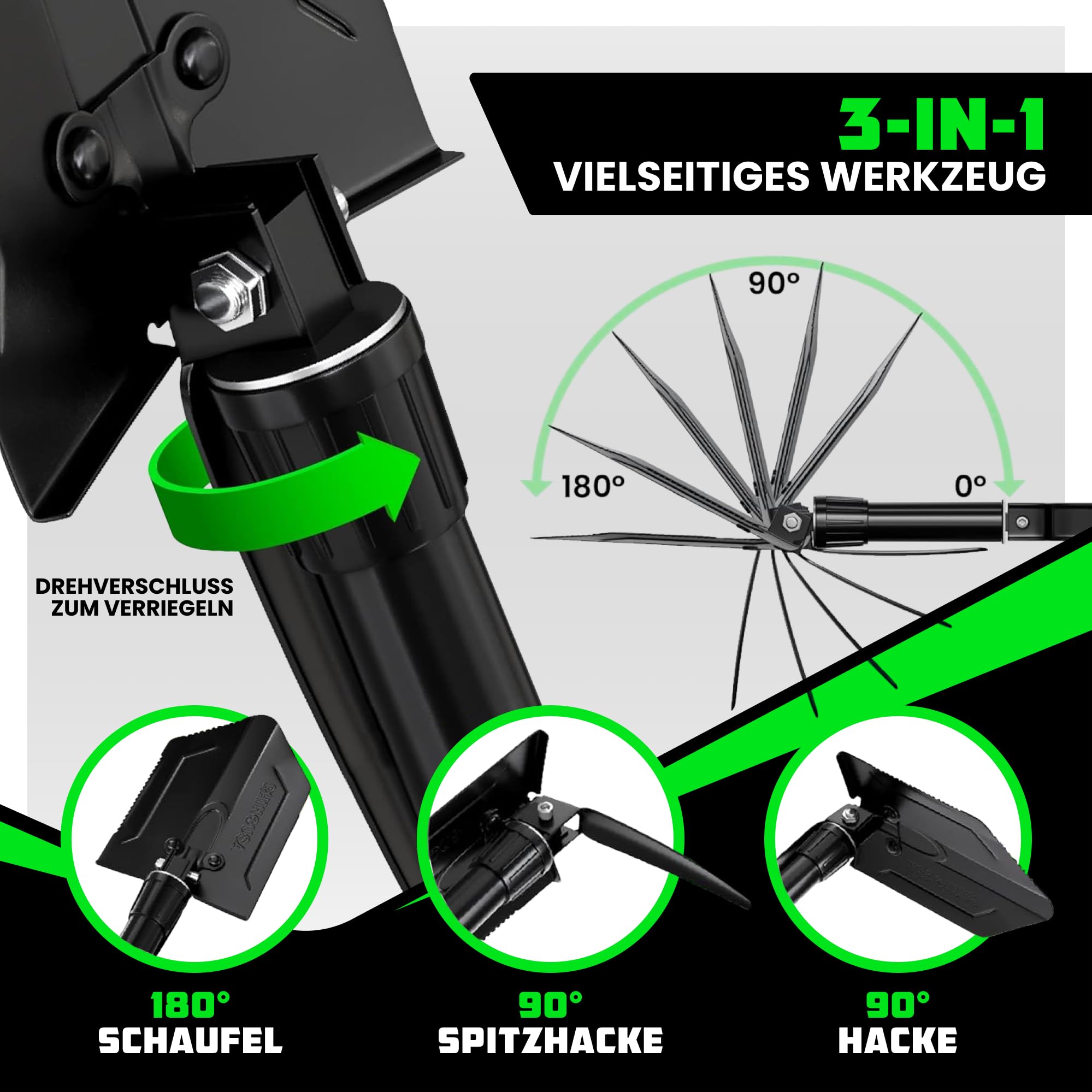 Rhino USA Klappspaten mit Hacke für die Survival Ausrüstung – Klappschaufel aus Karbonstahl für die Outdoor Ausrüstung, Campingausrüstung, als Gartenschaufel, Strandschaufel und Schneeschaufel