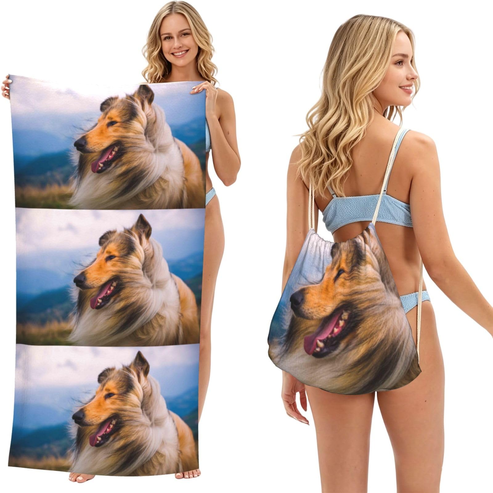 Poadnly As Picture Beautiful Rough Collie, 2 In 1 Packable Towel Bag, Beach Towels With Drawstring Backpack For Travel Holiday Camping