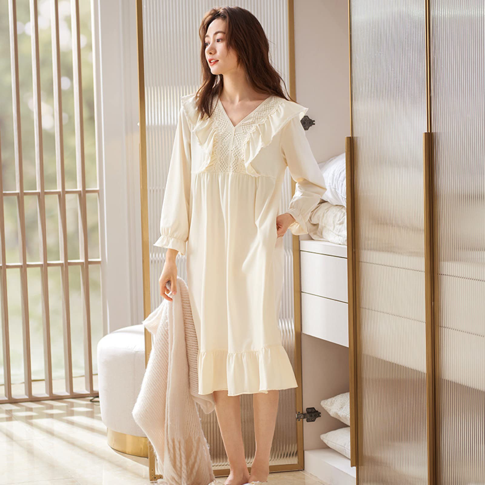 OFFSUM Camicia da Notte Donna - Primavera Autunno Camicia da Notte A Tinta Unita Elegante Camicia da Notte in Pizzo con Scollo A V di Alta qualità Principessa Plus Size Lingerie
