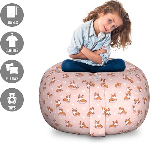 Miniatura 119 de Ambesonne Bolsa de juguetes de almacenamiento para perros, patrón con cachorros de raza pura, Bichon Pug Spitz Dachshund Poodle Shih Tzu, Rosa y