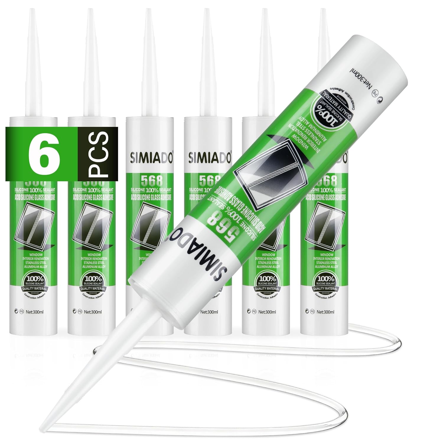 Wnaraa Silicone Caulk Sealant 6 Pack - 100% Waterproof, Shrink & Crack Proof for Kitchen, Bathroom, Sinks, Windows & Doors (300ml Each)