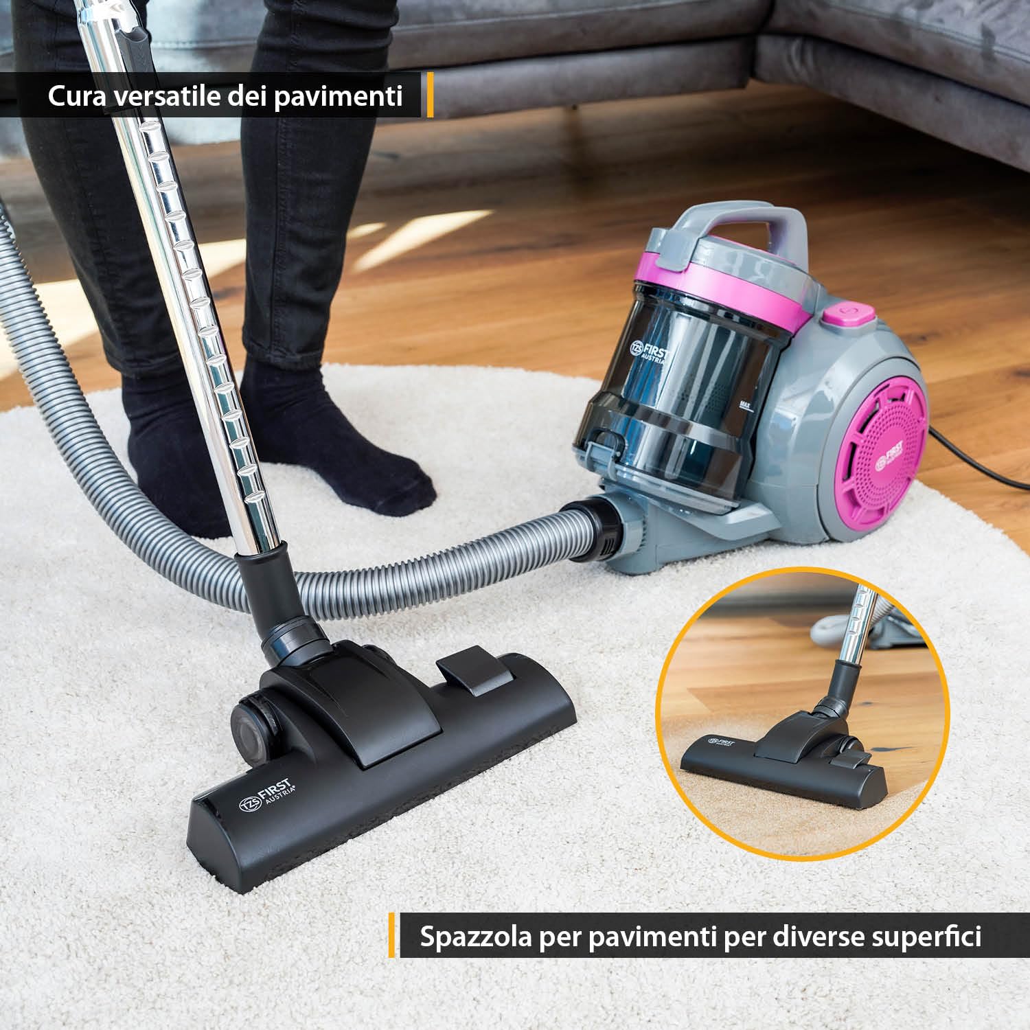 TZS First Austria Aspirapolvere senza sacchetto | Filtro HEPA da 800 W per persone allergiche | Cavo da 4,8 m | Per pavimenti duri e moquette | 2 L | Petrolio/nero - Viola/grigio