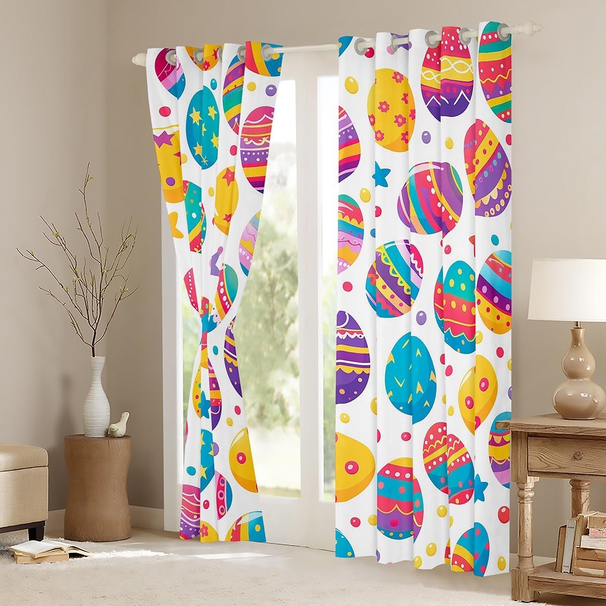 Erosebridal Easter Egg Curtains & Drapes, Happy Easter Theme Curtain 42" Wx63 L 2 Panels Watercolor Polka Dot Blackout Curtains for Kids Girls Boys Teens Women, Rainbow Cartoon Window Treatments