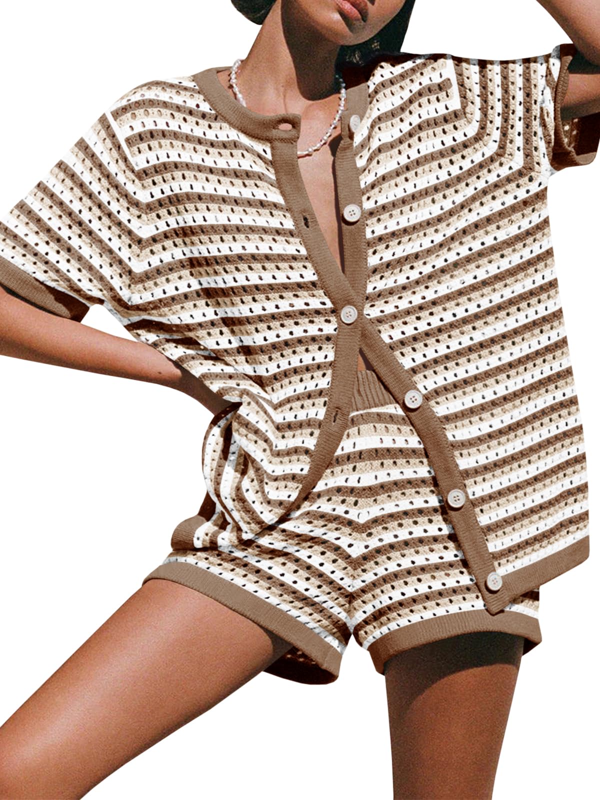 Photo 1 of Saodimallsu Womens Summer Crochet Short Sets Striped Knit Short Sleeve Button Shirts 2 Piece Beach Cover Up Outfits m