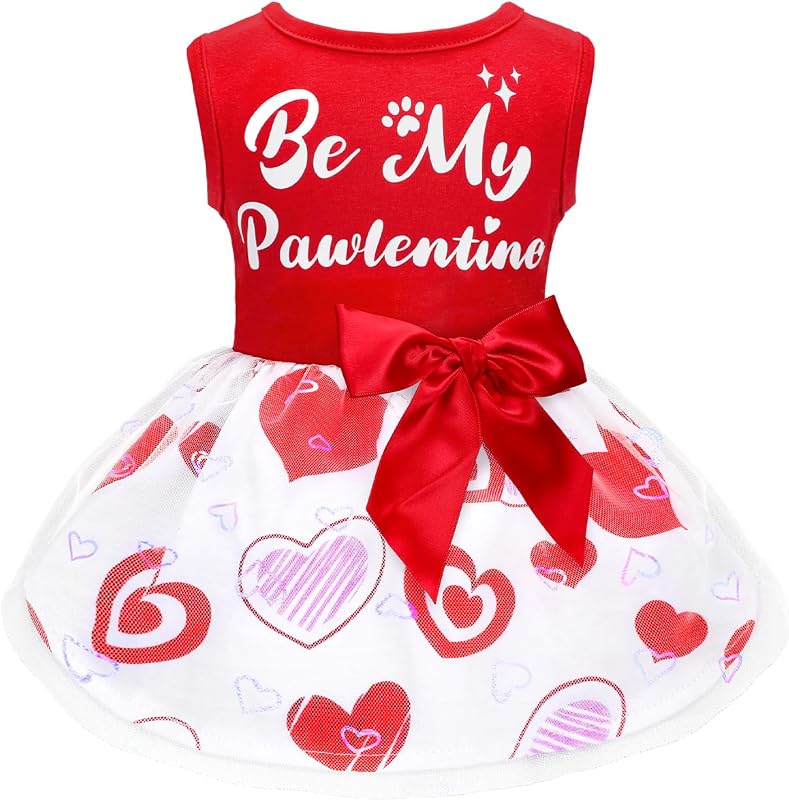 Vestido de Carnaval para Cães BAOBICUTE com Tule Vermelho, Laço e Estampa Be My Pawlentine