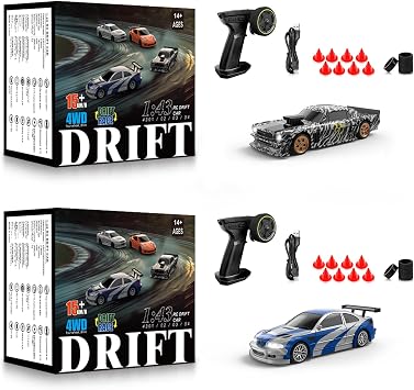 2 Pcs RC Drift Car, 1/43 Scale 2.4GHz Full Proportional Mini RC Remote Control Sports Car, 4WD High Speed Race with Lights, Racing Tires, Model Toy Gift for Adults, Kids, Boys, Girls