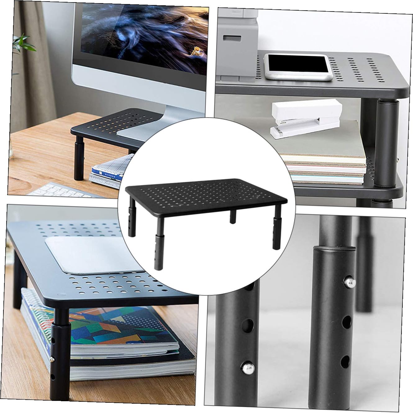 Hemobllo Supporto Monitor PC Rialzo in Ferro Nero 3 Altezze Regolabili | Angolo Visivo Ergonomico, Piano Spazio Contenitivo, Base Antiscivolo in Gomma