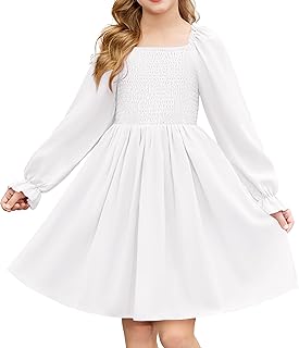 Girls Long Sleeve Smocked Skater Fall Winter Elegant Dress with Pockets