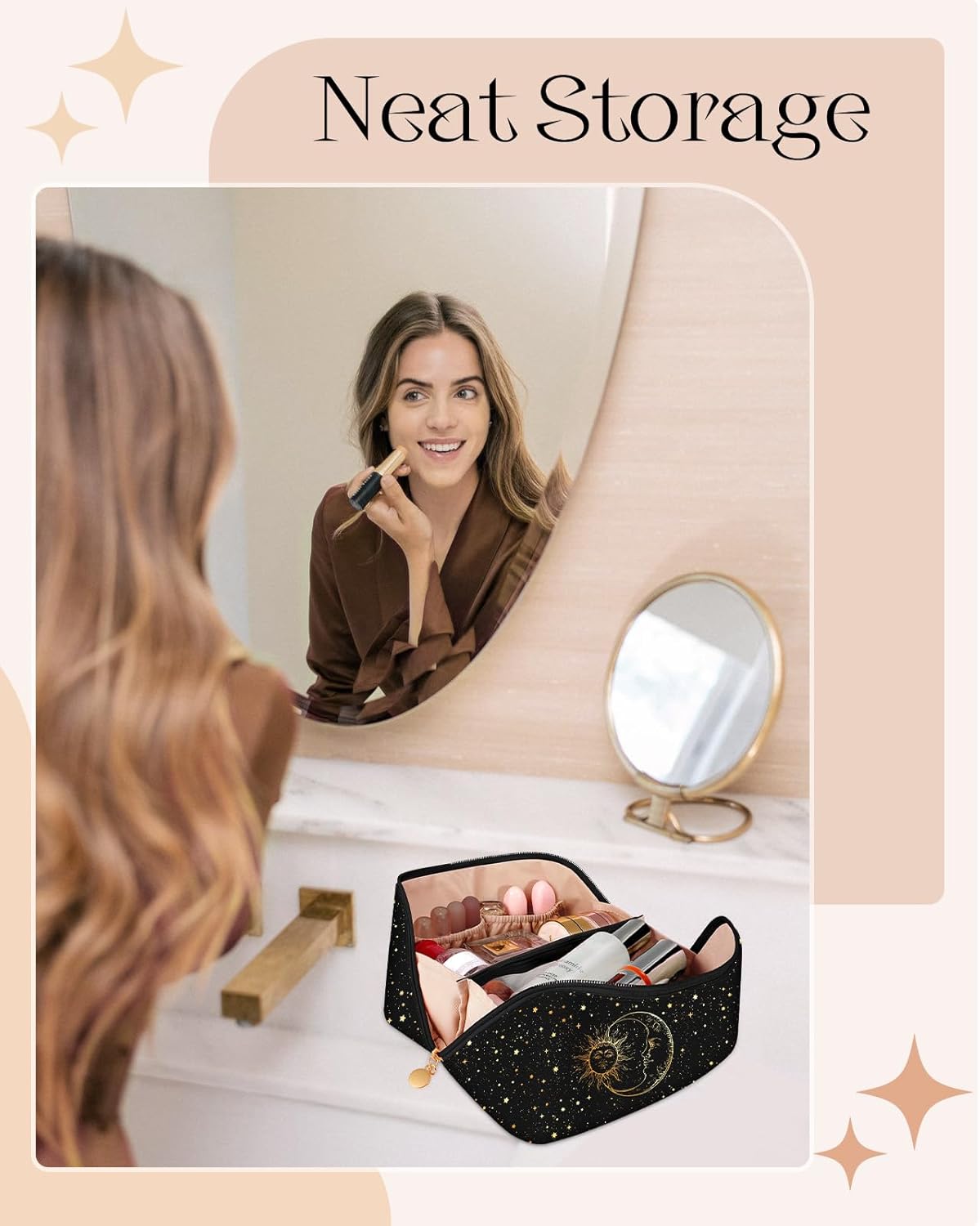 Bistup Makeup Bag Travel Cosmetic Bag Toiletry Make Up Bags Cute Women Large Capacity Big Medium Leather Sun Moon Aesthetic Portable Teen Girls Teenage Foldable Expandable Compact Open Flat Zip - Image 5