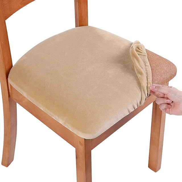 Homaxy Velvet Dining Chair Seat Covers Set of 2, Stretch Dining Chair Slipcovers with Ties, Removable Washable Dining Chair Seat Protector Cover, Cream