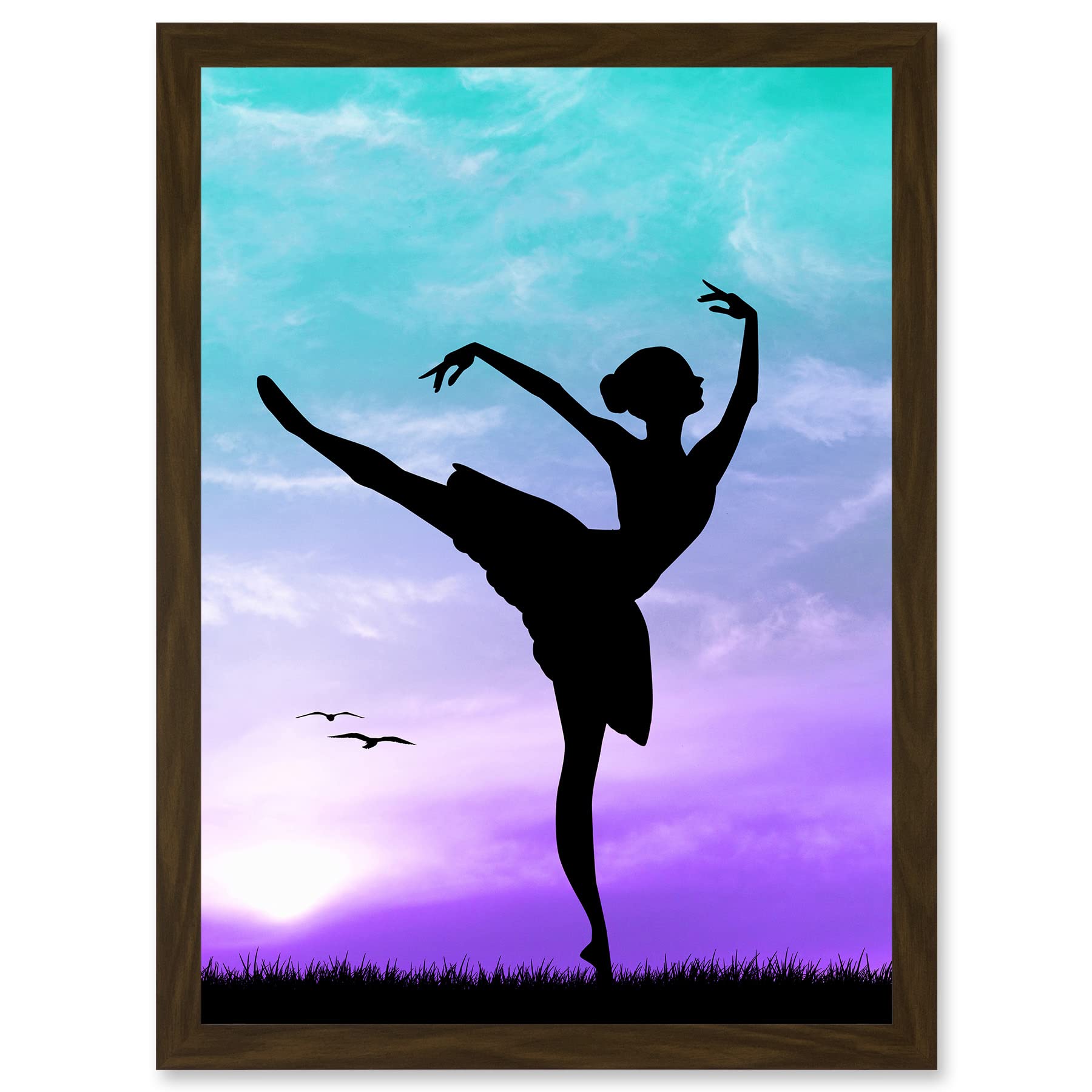 Artery8 Framed Wall Art Print - Ballet Dancer Silhouette Sunset - A4 Artwork - Brown