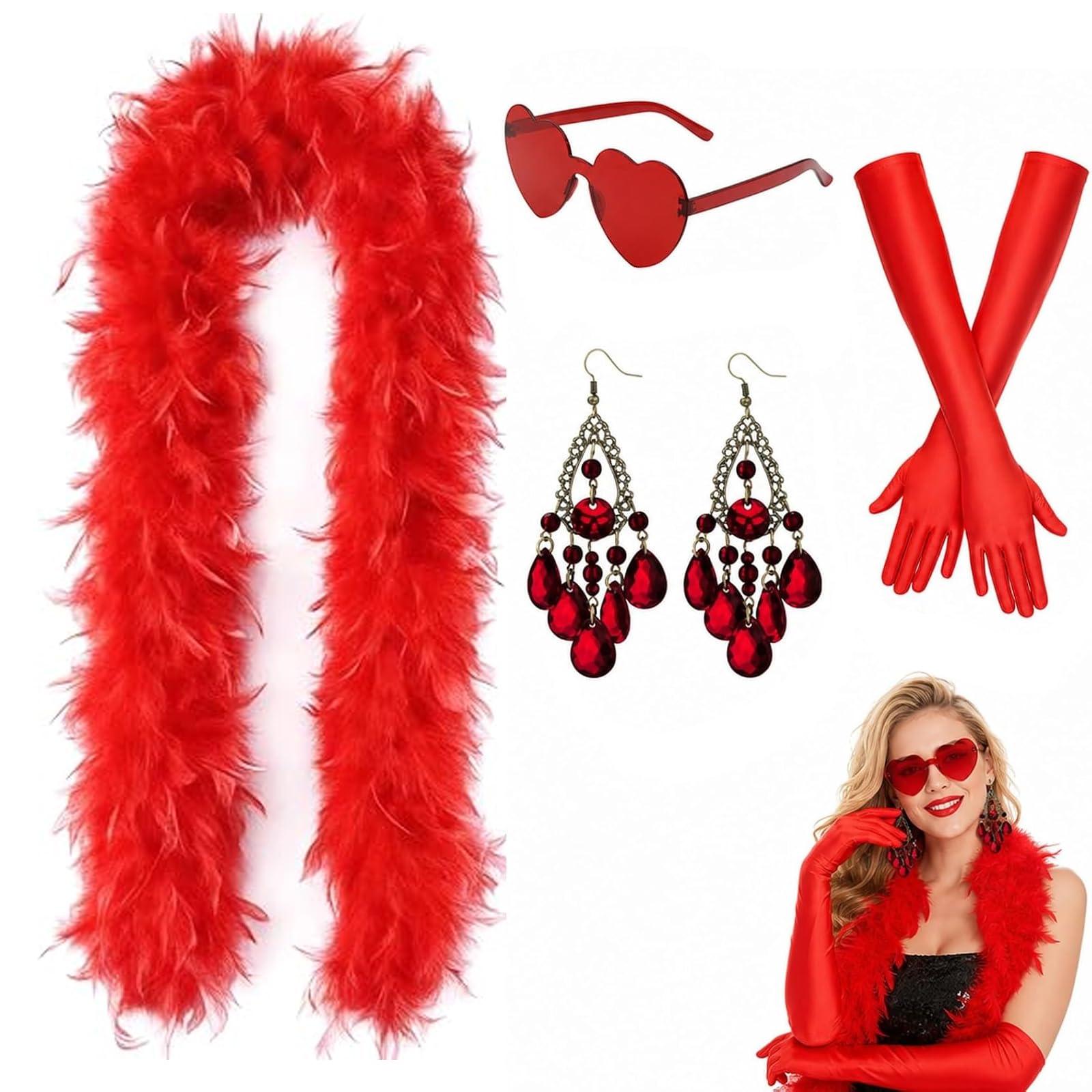 Red Feather Boa with Gloves, Glasses, Earrings, 4-Piece Red Costume Set, Themed Party Accessories, Boa Scarf Accessories Create Coordinated Looks for Various Events