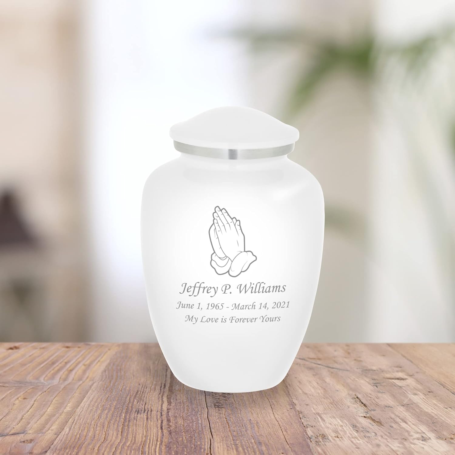 Homage Medium Custom Engraved Praying Hands Themed Cremation Urn for Human Ashes - Vase Style Cremation Urns for Adult Ashes - 80 Cubic Inch Capacity - Personalization Included (White)