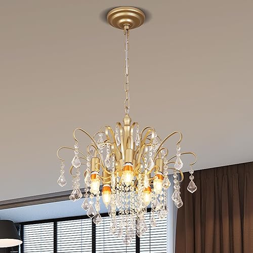 Kaniket Crystal Chandelier, Modern K9 Crystal Ceiling Light Fixture, 5-Light Gold Pendant Light for Dining Room, Bedroom, Living Room, and Hallway – Adjustable Hanging Chain