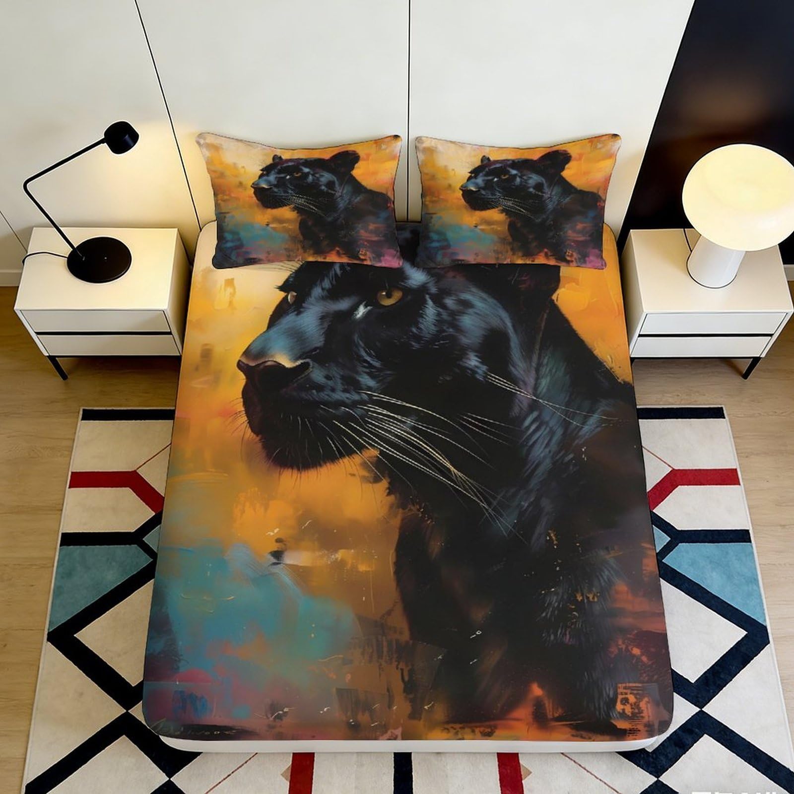 3D Printed Black Panther Fitted Sheet Microfiber Durable Soft 3D Printed Jungle Scene Mattress Cover for Bedroom Dormitory Guest Room Protection 120x200x25cm