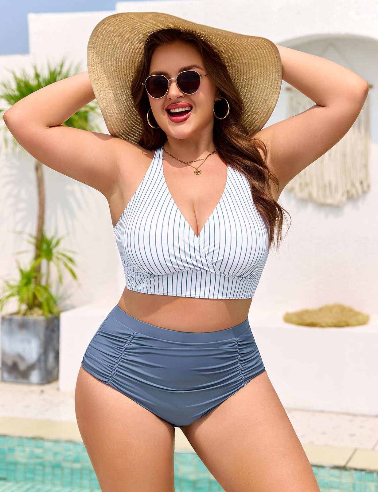 Maillot de Bain Femme 2 Pieces Grande Taille Gainant Bikini Taille Haute Ventre Plat Maillots Deux Pièces Col en V Vacances Plage Beachwear