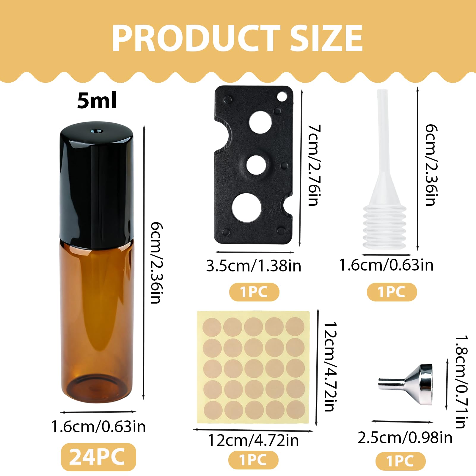 Lot de 24 bouteilles en verre marron de 5 ml, avec rouleaux, décapsuleurs, compte-gouttes, autocollants, décapsuleurs, idéal pour les huiles essentielles