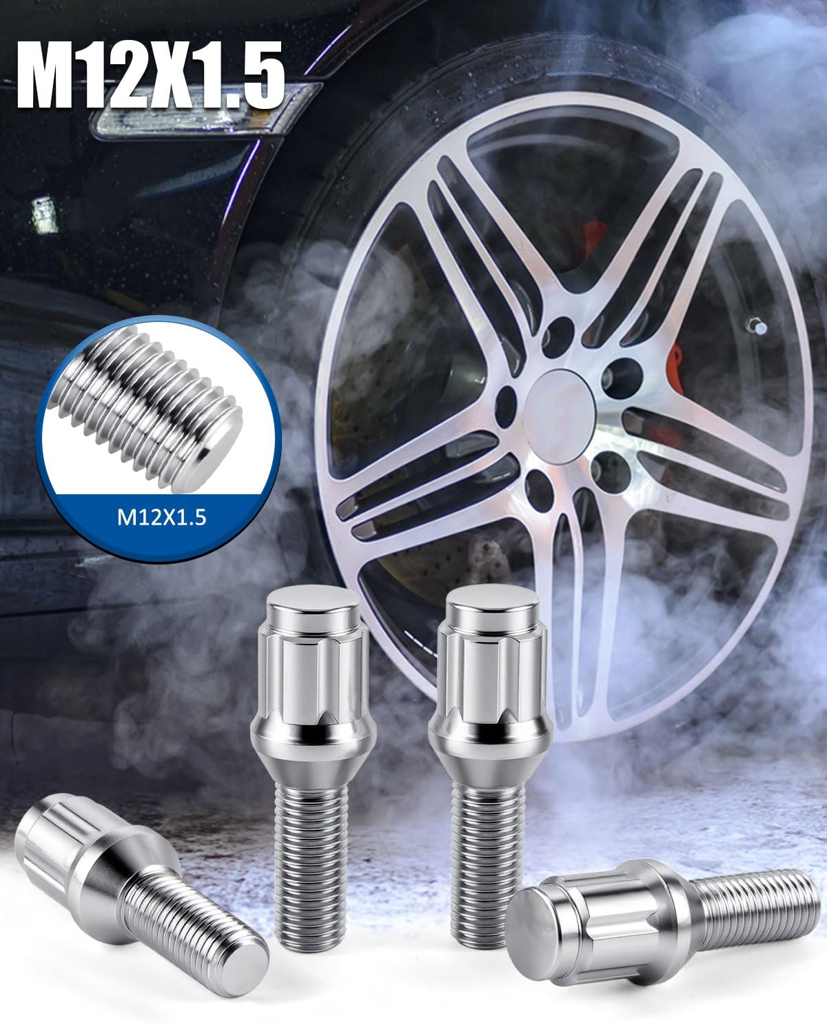 GAsupply M12x1.5 Lug Bolts 28mm Shank Fit for BMW BMW 3 7 Series M5 M6 Z3 Z4 Z8, Chrome 12x1.5 Spline Lug Bolt Stock Stud Cone Seat, 20pcs+1pcs 3/4" 19mm&13/16" 21mm Hex Socket Key
