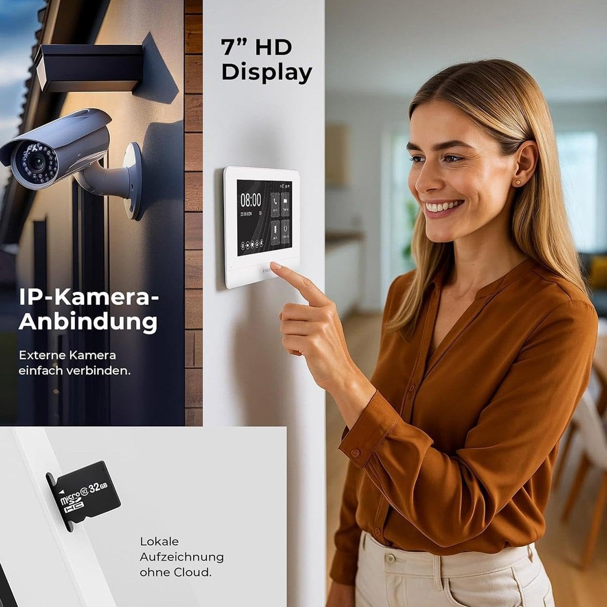 Balter ENTRI L Video Doorbell Unterputz Türklingel mit Kamera und 1x 7 Zoll Touchscreen HD WLAN Monitor, kabelgebunden Türsprechanlage mit Interkom WiFi Mobile App für 1 Familienhaus Set