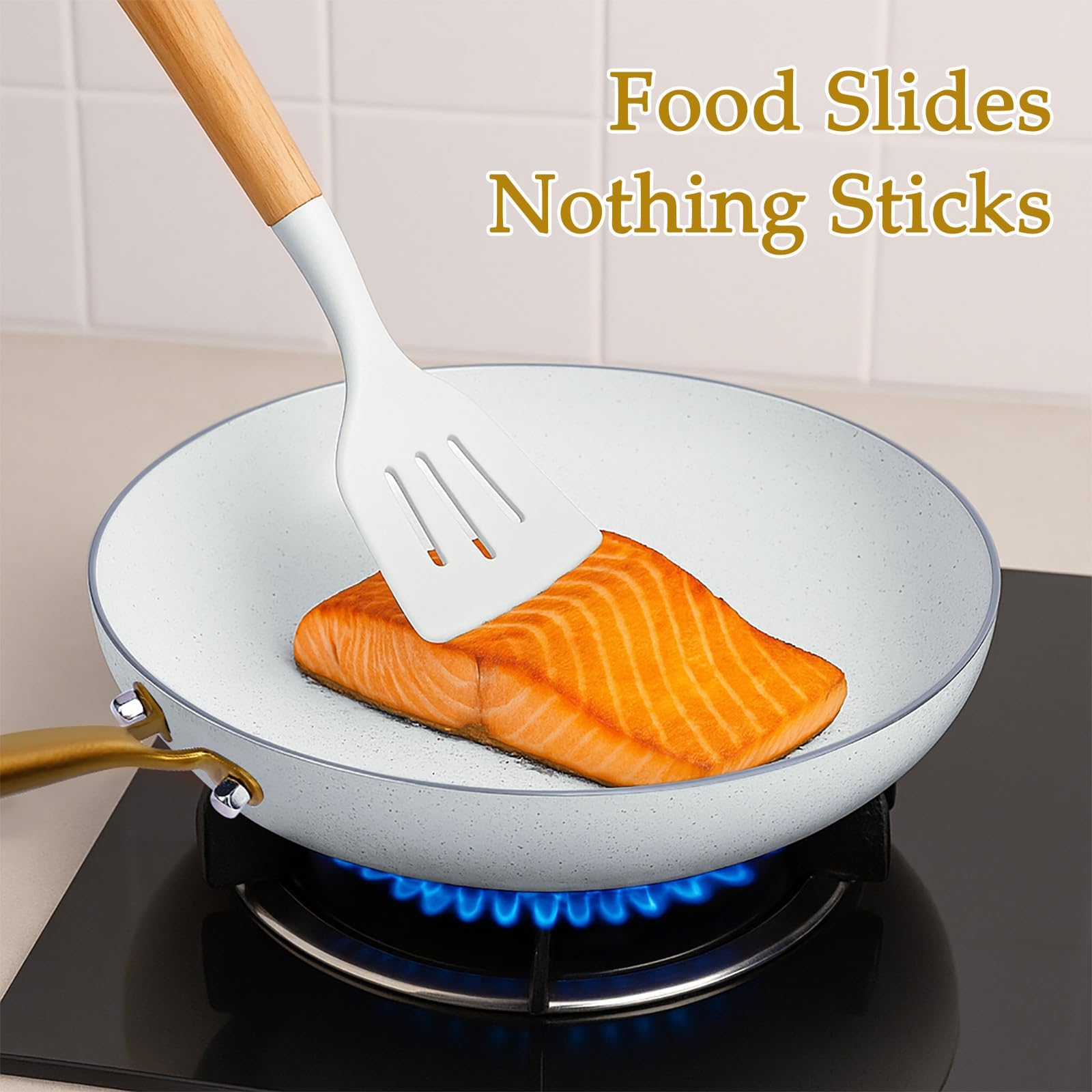 GFTIME Set di pentole e padelle antiaderenti, 18 pezzi, in ceramica di titanio, atossico (PFOS, PFOA), maniglie fresche, design salvaspazio, adatto a forno e lavastoviglie, set di pentole da cucina a