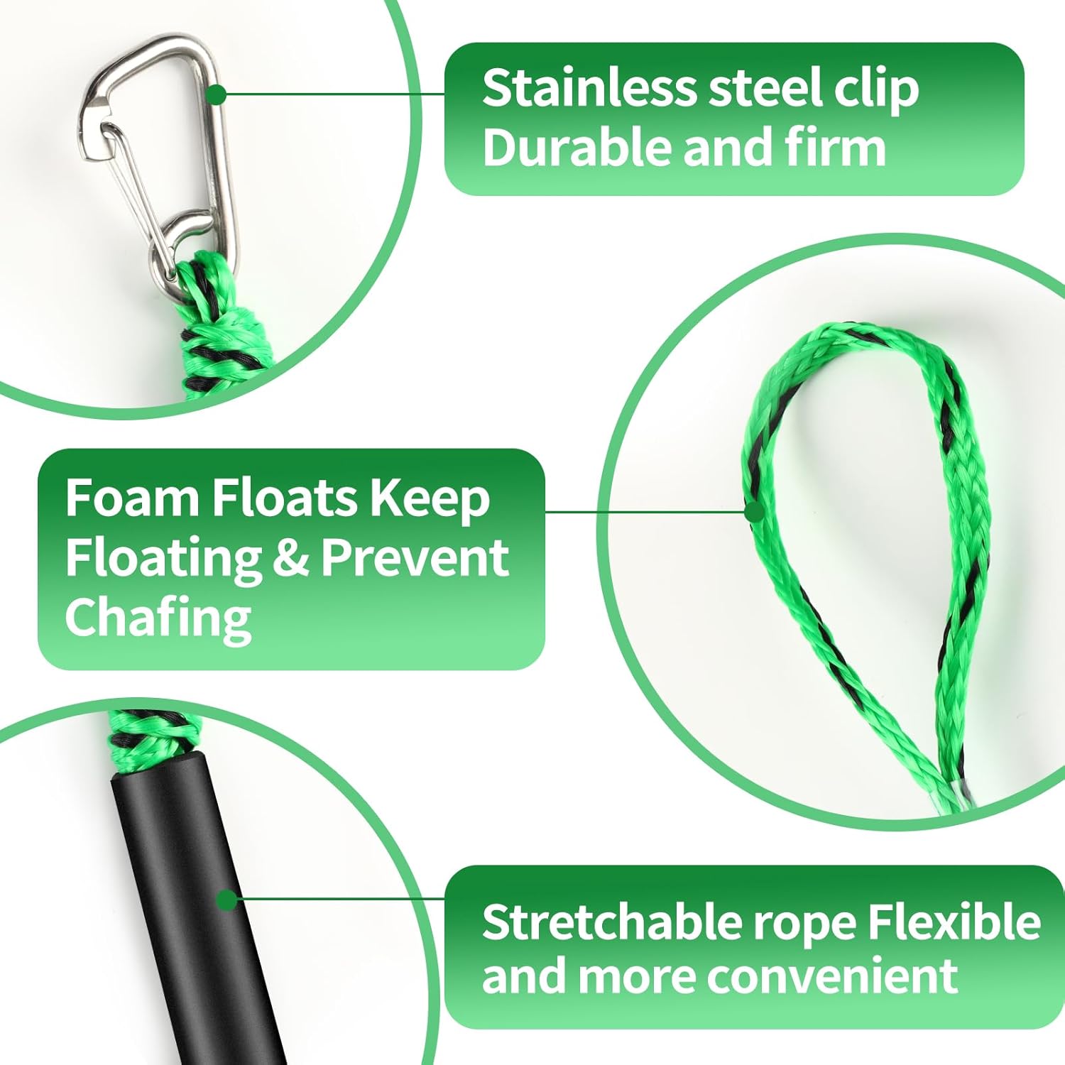 Boat Bungee Dock Lines with Clip 2 Pack Marine Rope Pontoon Boating Kayak Accessories, Green
