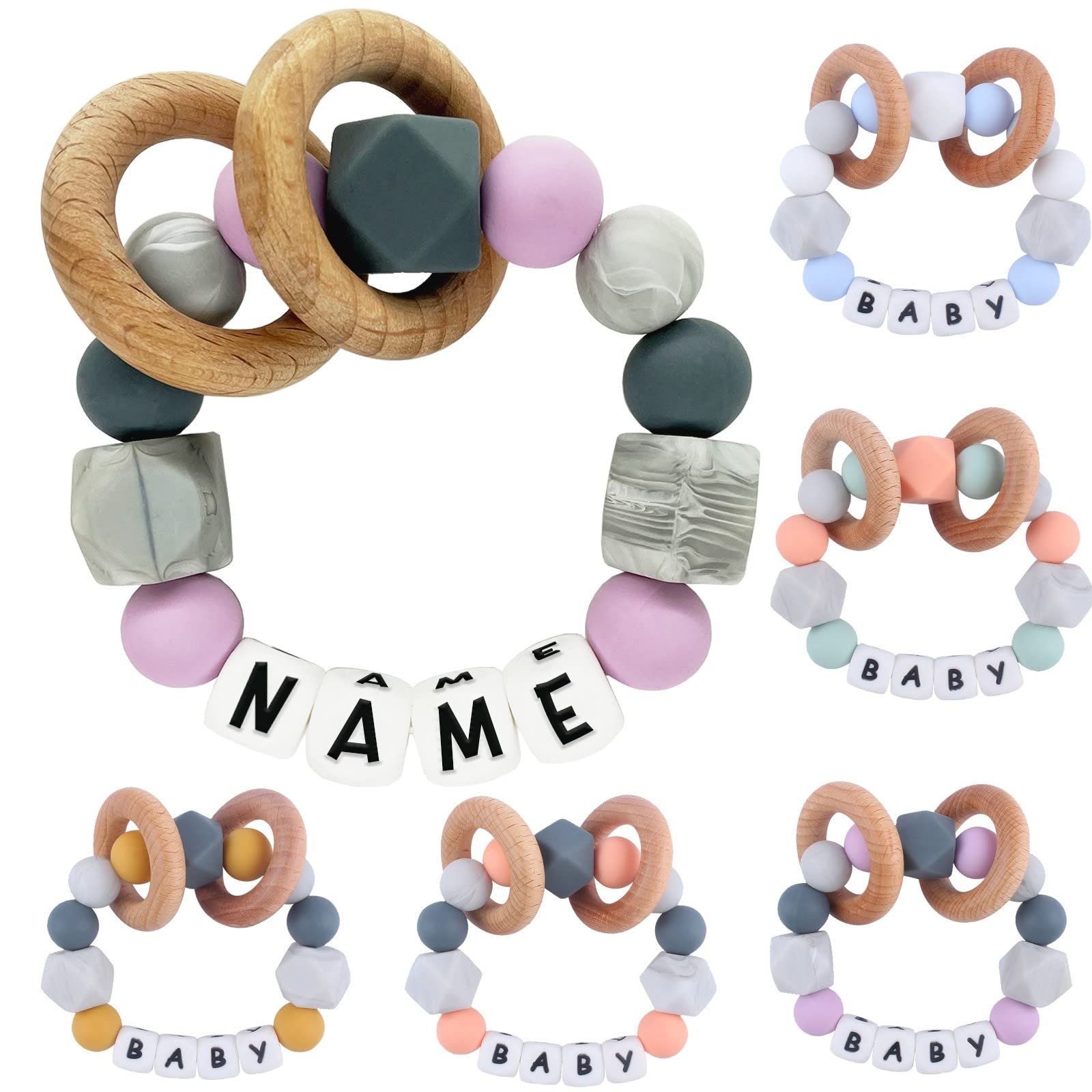 Personalized Baby Teether Ring with Name Custom Silicone Rattle Teething Bracelet with Natural Beech Wood Customizable Toddler Newborn Baby Girl Boy Gifts,Pink, Blue, Grey, Green Options