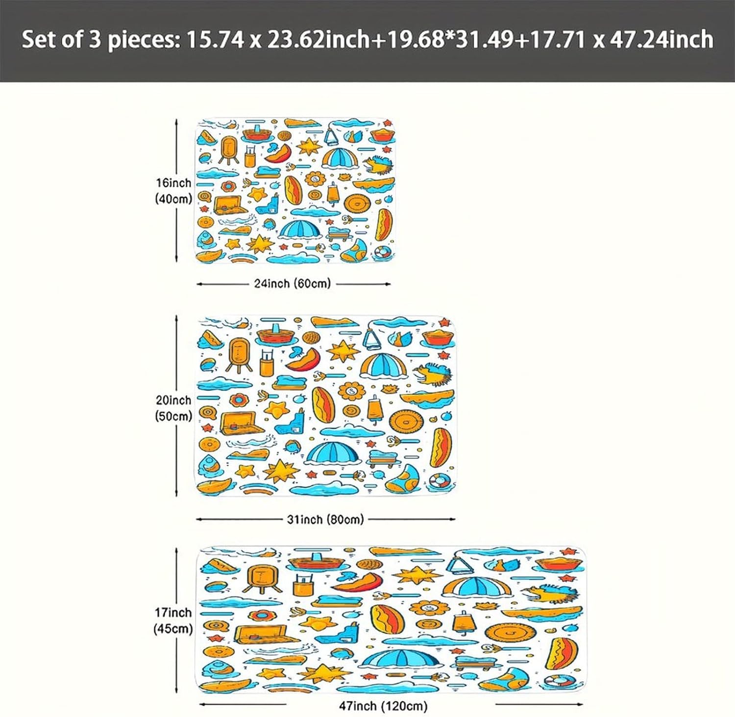 Beach Themed Graphics Kitchen Rugs Set of 3 Non Slip Washable Kitchen Mats for Floor Soft Area Rug Kitchen Floor Mat Cushioned Anti Fatigue Mats Standing Sink Mat Decor Runner Rugs