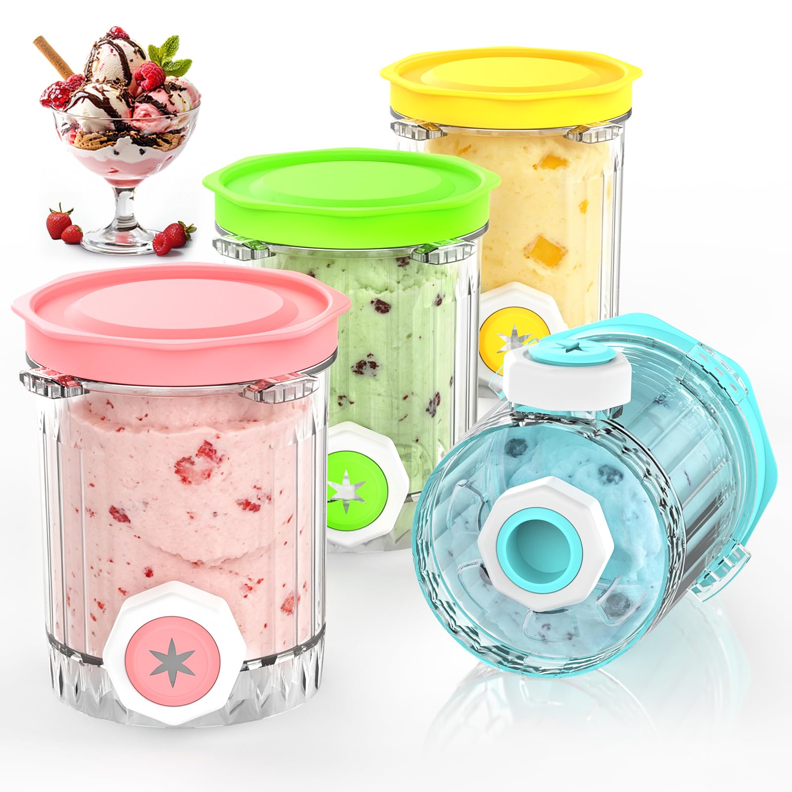4 Stück Swirl Pint-Behälter für Ninja NC700/NC701EU (Aktualisierte Version) | 16 oz Creami Swirl-Becher mit Deckeln, kompatibel mit Ninja Swirl Eiscreme- und Softeismaschinen (farbige Deckel)