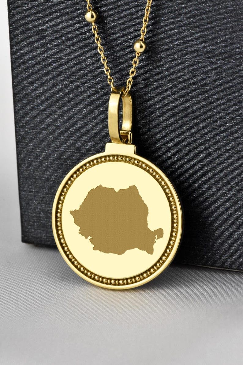 Collana con ciondolo rotondo da 25 mm in argento sterling 925 con medaglione inciso raffigurante la mappa della Romania, gioiello placcato oro con città e paese, |WWN_MAP_01194