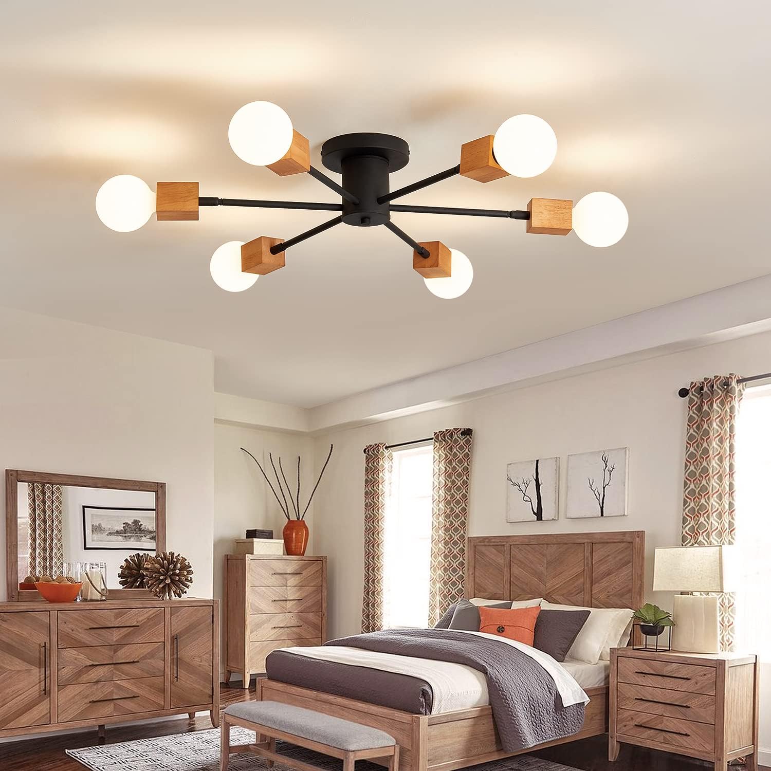 Semi Flush Mount Wood Ceiling Light Fixture 6-Lights Rustic Wooden Sputnik Chandelier Farmhouse Ceiling Lighting Oak and Black with E26 for Dining Room Bedroom Kitchen Lighting Fixture.