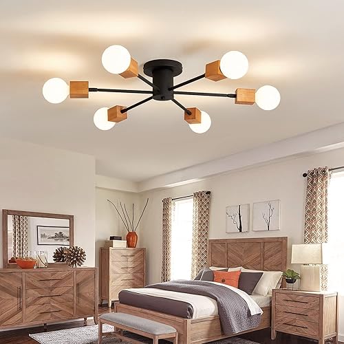 Miniatura 6 de Fivootvi Lámpara de techo de madera semiempotrada, 6 luces, lámpara Sputnik de madera rústica, iluminación de techo estilo granja, roble y negro con