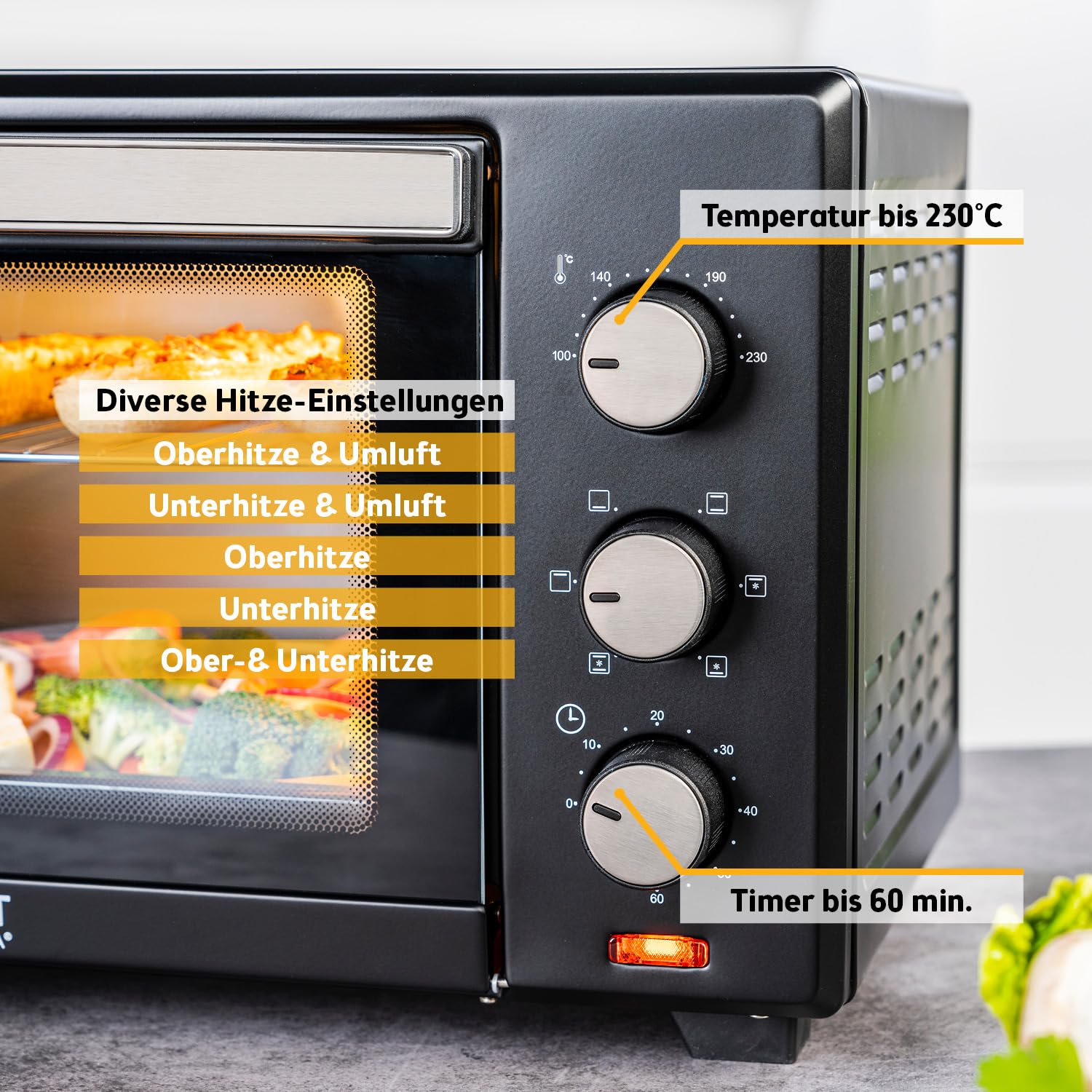TZS First Austria - Minibackofen 30L 1600W - Mini Backofen stufenlose Temperaturregelung bis 230°C - Miniofen 60 Min. Timer, 3 Einschubhöhen, Backblech & Grillrost - Für kleine Küchen & Camping