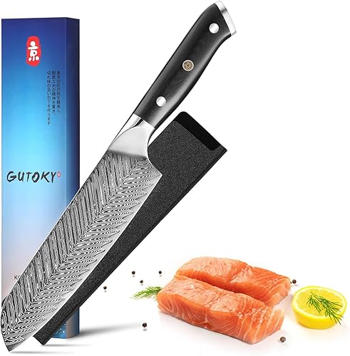 Vista 9 de Cuchillo Santoku de 7 pulgadas, cuchillos japoneses AUS-10 de cocina de acero Damasco con diseño de mango ergonómico