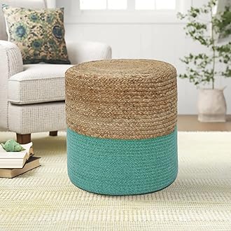 THE HOME TALK Ottoman Pouf | Hand-Braided |100% Jute | Large Funiture Pouf | Footrest, Bean Bag, Floor Chair | Great for The Living Room, Bedroom & Kid?s Room | 18 x 18x 16 Inch | Natural Turquoise
