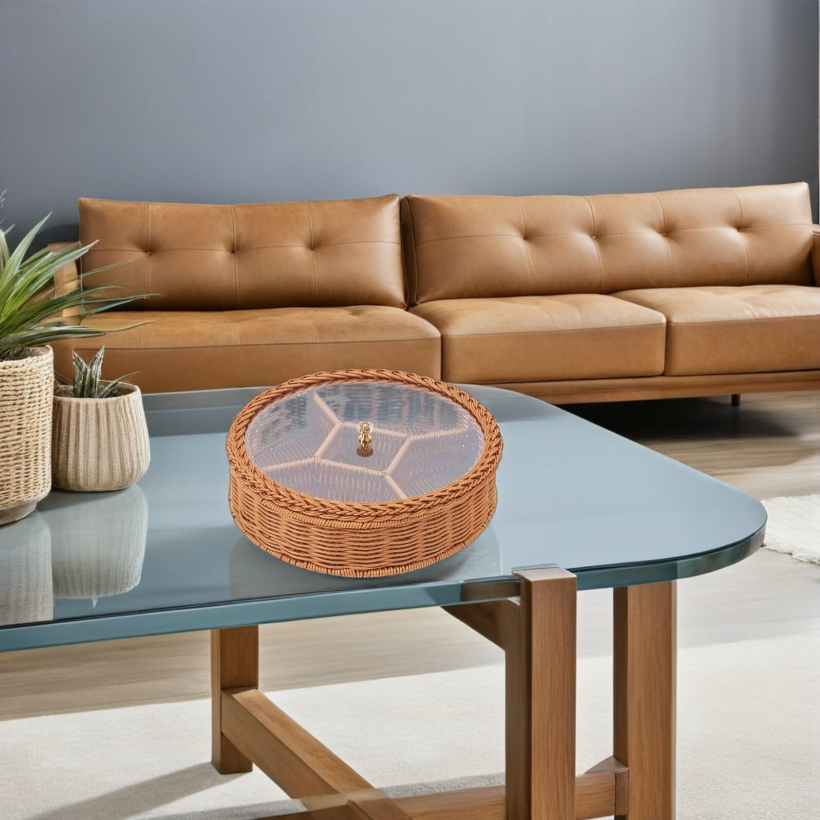 Plateau Compartimenté à Noix et Fruits Secs avec Couvercle Transparent en Plastique Tressé Main, Salon Bureau, Organisation Snacks et Apéritifs Polyvalente